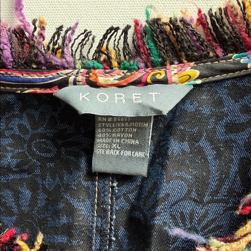 Koret Denim Jacket Fringe Trim Indigo Boho Jean Jacket Womens XL
